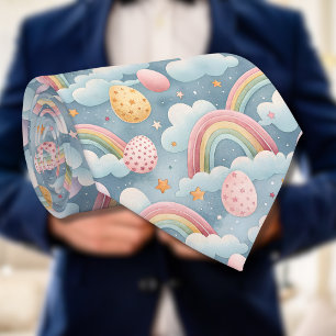 Vintage Pastel Rainbow Easter Eggs with Clouds Tie
