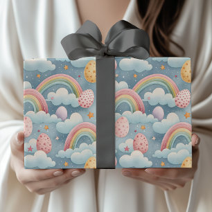 Vintage Pastel Rainbow Easter Eggs with Clouds Wrapping Paper