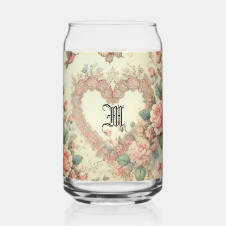 Vintage Pastel Watercolor Boho Floral Hearts Can Glass