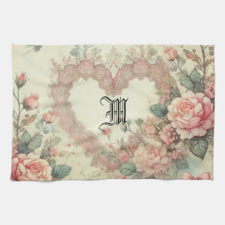Vintage Pastel Watercolor Boho Floral Hearts Kitchen Towel