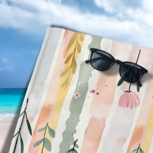 Vintage Pastel Watercolor Floral Stripes Beach Towel