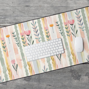 Vintage Pastel Watercolor Floral Stripes Desk Mat