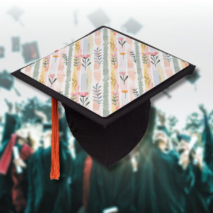 Vintage Pastel Watercolor Floral Stripes Graduation Cap Topper