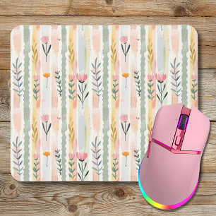 Vintage Pastel Watercolor Floral Stripes Mouse Pad