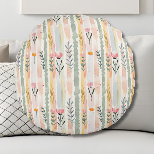Vintage Pastel Watercolor Floral Stripes Round Pillow