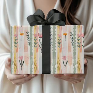 Vintage Pastel Watercolor Floral Stripes Wrapping Paper