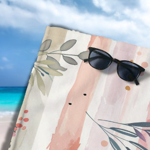 Vintage Pastel Watercolor Stripes Leaves Beach Towel