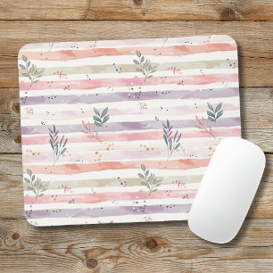 Vintage Pastel Watercolor Stripes Leaves Mouse Pad