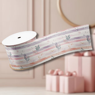 Vintage Pastel Watercolor Stripes Leaves Satin Ribbon