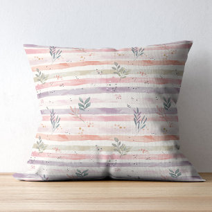 Vintage Pastel Watercolor Stripes Leaves Throw Pillow