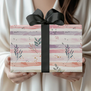 Vintage Pastel Watercolor Stripes Leaves Wrapping Paper
