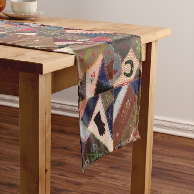 Vintage Patchwork Crazy Quilt Pattern Elegant Short Table Runner (In Situ)