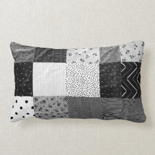 vintage patchwork fabric design black and white lumbar pillow