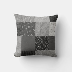 vintage patchwork fabric design black and white throw pillow