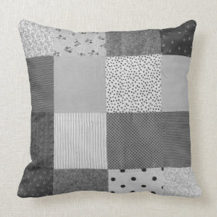vintage patchwork fabric design black and white throw pillow