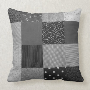 vintage patchwork fabric design black and white throw pillow