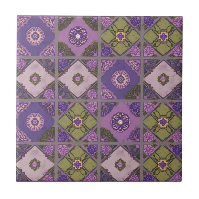Vintage Patchwork Purple Lavender Green Tile (Front)