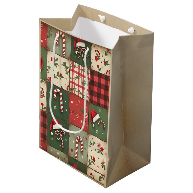 Vintage Patchwork Quilt Christmas Gift Bag (Front Angled)