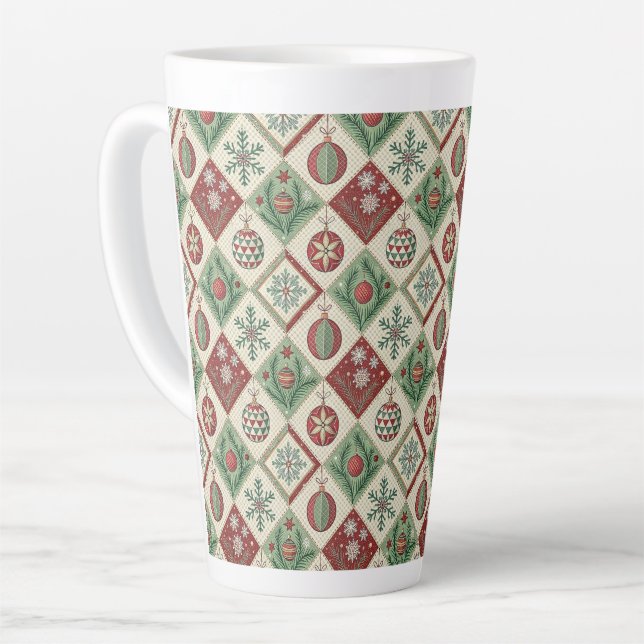 Vintage Patchwork Quilted Christmas Pattern Latte Mug (Left Angle)