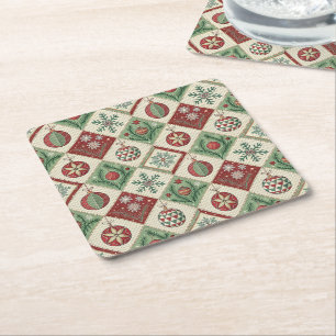Vintage Patchwork Quilted Christmas Pattern Square Paper Coaster