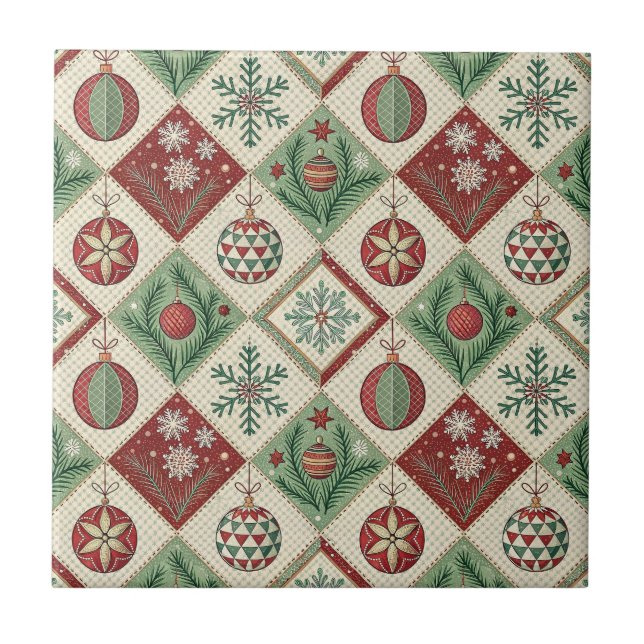 Vintage Patchwork Quilted Christmas Pattern Tile (Front)