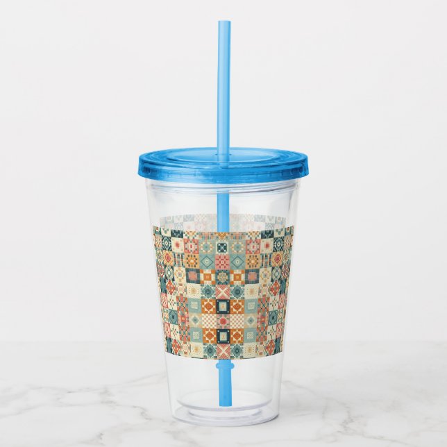 Vintage, patchwork quilted look acrylic tumbler (Front)