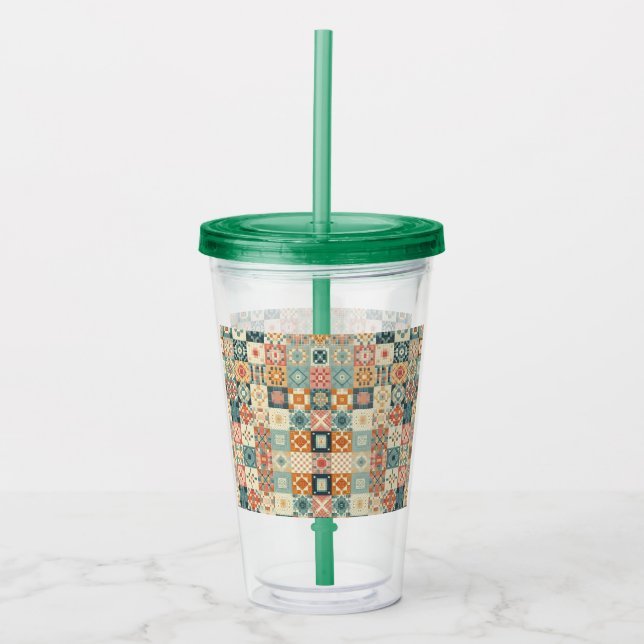 Vintage, patchwork quilted look acrylic tumbler (Front)