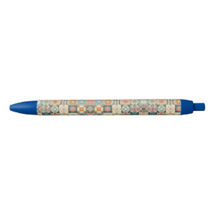 Vintage, patchwork quilted look black ink pen