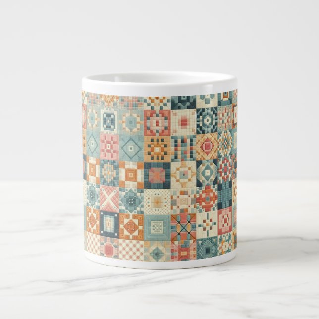 Vintage, patchwork quilted look large coffee mug (Front)