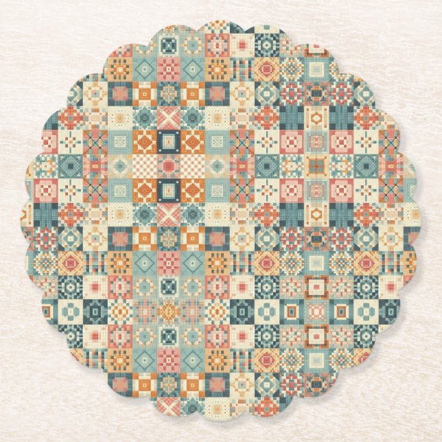 Vintage, patchwork quilted look paper coaster (Front)