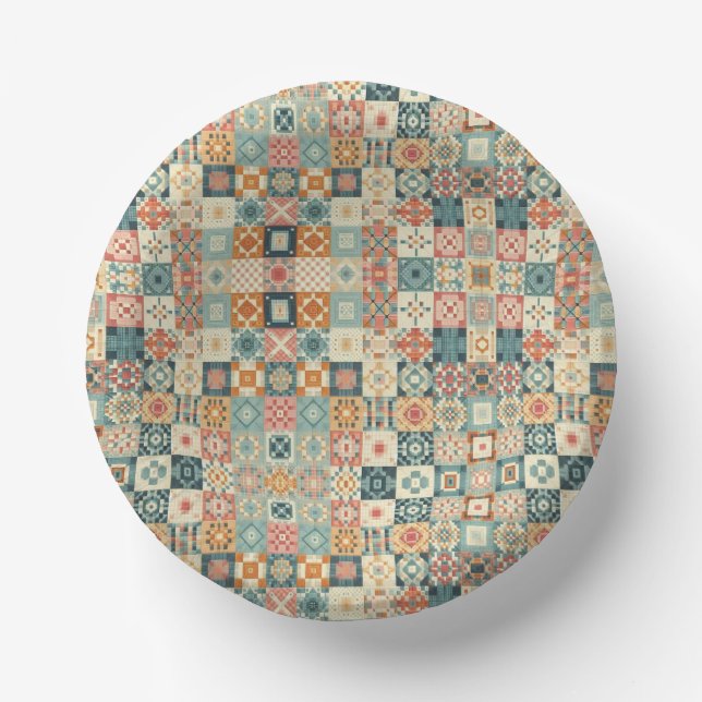 Vintage, patchwork quilted look paper plate (Front)
