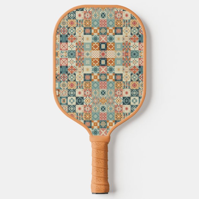 Vintage, patchwork quilted look pickleball paddle (Front)
