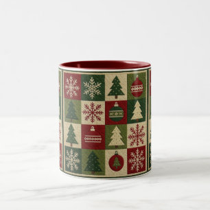 Vintage, patchwork quilted look rustic Christmas Two-Tone Coffee Mug