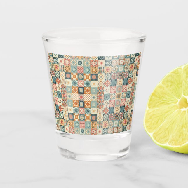 Vintage, patchwork quilted look shot glass (Front)