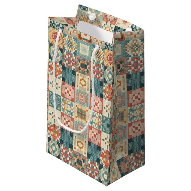 Vintage, patchwork quilted look small gift bag (Front Angled)