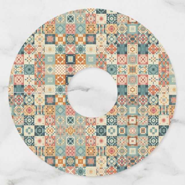 Vintage, patchwork quilted look wine glass tag (Front)