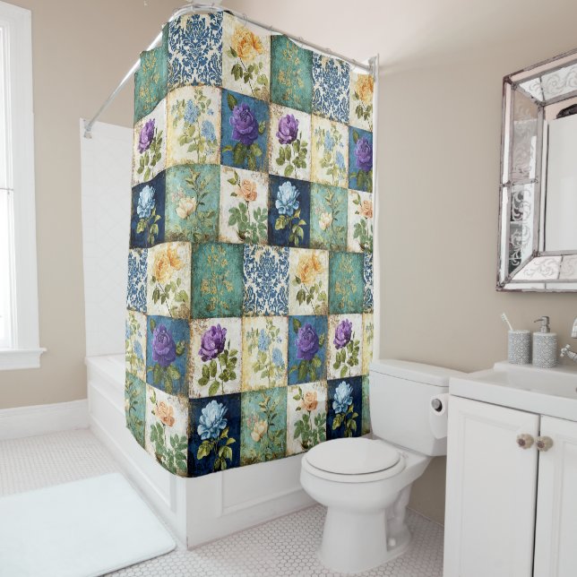 Vintage Patchwork Style Shower Curtain (In Situ)