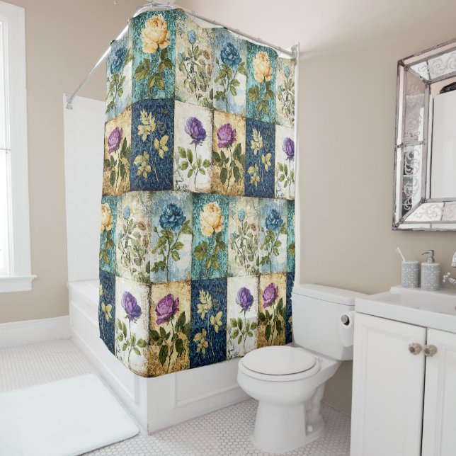 Vintage Patchwork Style Shower Curtain (In Situ)
