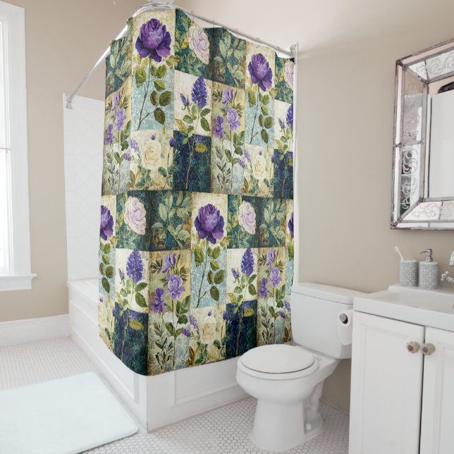 Vintage Patchwork Style Shower Curtain (In Situ)