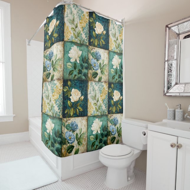 Vintage Patchwork Style Shower Curtain (In Situ)