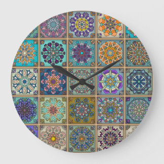 Vintage patchwork with floral mandala elements large clock