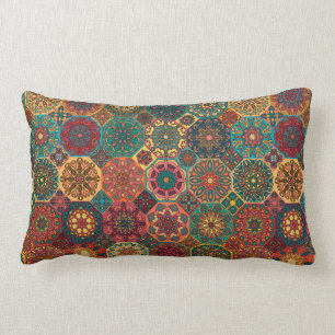 Vintage patchwork with floral mandala elements lumbar pillow