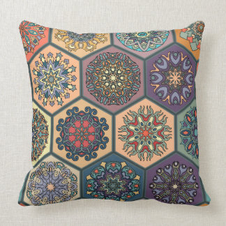Vintage patchwork with floral mandala elements throw pillow