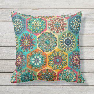 Vintage patchwork with floral mandala elements throw pillow