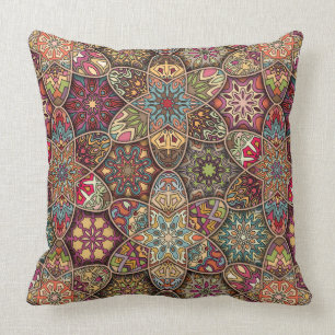 Vintage patchwork with floral mandala elements throw pillow