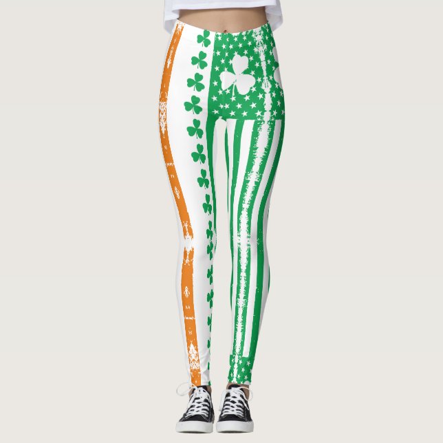 Vintage Patrick Green Irish Flag Clover Shamrock Leggings (Front)