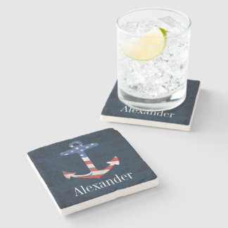 Vintage Patriotic American Flag Anchor Nautical Stone Coaster