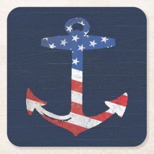Vintage Patriotic American Flag Anchor Nautical US Square Paper Coaster