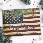 Vintage Patriotic American Flag Merry Christmas  Card<br><div class="desc">Send Merry Christmas greetings to friends and family with this unique USA American Flag Christmas Card - USA American flag design vintage red white blue design with holly and berries. Personalize with message and family name. This patriotic Christmas card is perfect for military families, veterans, patriotic family and veteran service...</div>