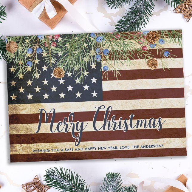 Vintage Patriotic American Flag Merry Christmas Holiday Card (Creator Uploaded)